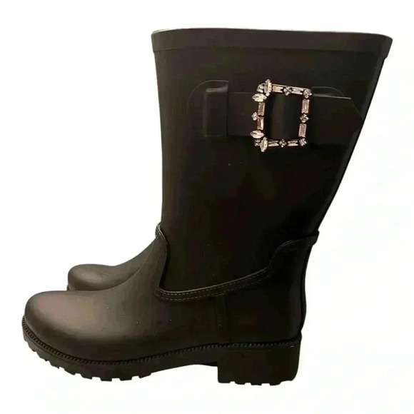 Time And Tru Women's Black Buckle Water Resistant Easy On Off Rain Boots Size 9 - Picture 1 of 7